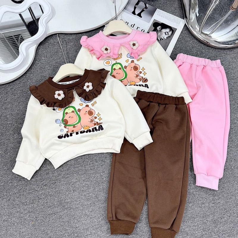 Bộ quân áo nỉ 2 da 10-29kg cổ bèo đính hoa 2 màu cho bé gái - Thương hiệu uy tín