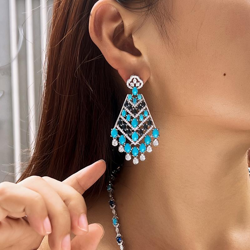 Middle Eastern Luxurious Synthetic Turquoise and Synthetic Zircon Long Tassel Earrings for Women Ethnic Bohemian Bride Wedding Party Jewelry 7