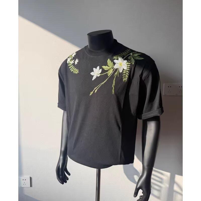 Áo Thêu Vòng Hoa Nam, Áo Sơ Mi ngắn Tay Ngoại Cỡ, Đường Phố Cao Cấp Mỹ, Áo Thời Trang Đường Phố Mùa Hè Hợp Xu hướng Thiết Kế Thực Vật, Năm 2025 black  tee