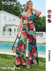 YOZY Knotted Crop Top & Floral Leaf Print Pants Set/ Boho Short Sleeve Top & Wide Leg Pants for Spring & Summer, Women's Wear for Beach Vacation Holiday