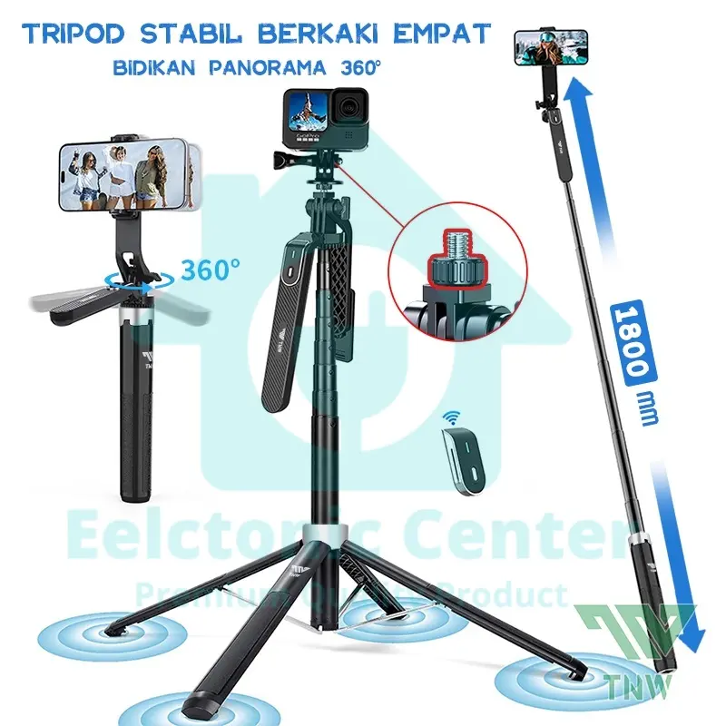 TNW P180 Tongsis Tripod 180cm Bluetooth Selfie Stick Remote Tripod HP Baut 1/4 Tongsis untuk Gopro Kamera Lampu Ring Light - EC SOLUTION