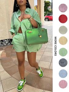 Striped Print Pocket Split Hem Shorts for Women, Summer Outfits, Chic Comfortable Womenswear, Long Sleeve Collared Top & Elastic Waist Shorts, Co-ord Set for Women, Travel, Womenswear, Soft Clothes