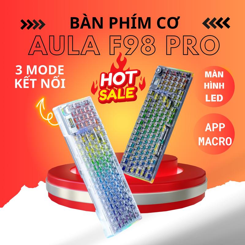 Bàn Phím Cơ AULA F98 Pro Trong Suốt Kết Nối Bluetooth USB 2.4Ghz Type C Led RGB Có Màn Hình Phụ Núm Xoay Keycap Trong Suốt Hotswap 5 Chân Bảo Hành 12 Tháng aula f99 pro
