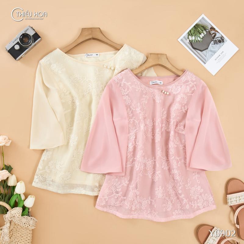 Áo Tơ thêu hoa phối vải chiffon Nữ Trung Niên Cao Cấp Sang Trọng tặng mẹ thương hiệu Thiều Hoa AN4Y0902