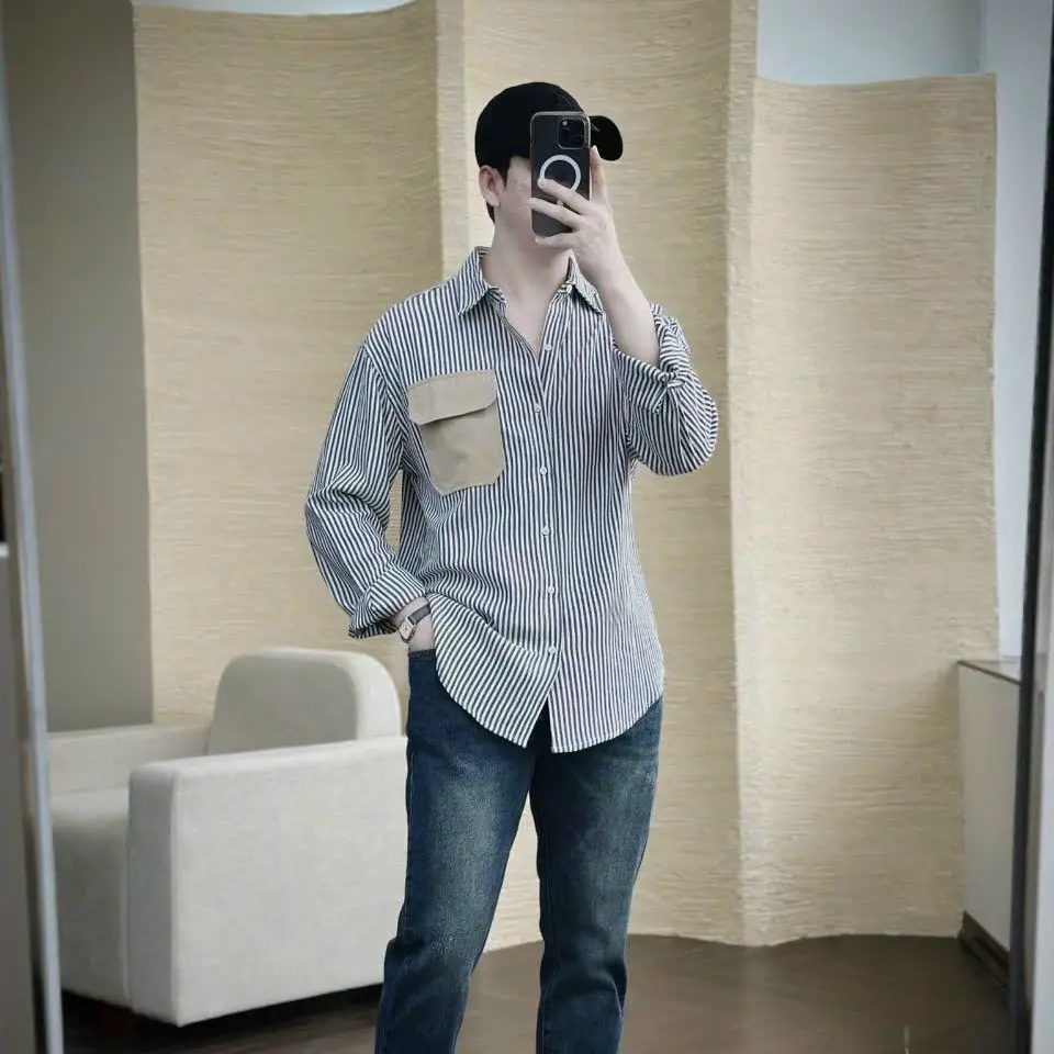 Áo sơmi nam dài tay kẻ sọc túi nhung from body chất lụa mịn không nhăn, xù mẫu mới-TANHSHOP Menswear