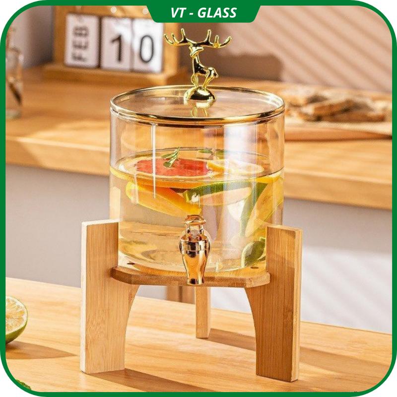 Bình nước bằng thuỷ tinh cao cấp hoạ tiết hoạt hình dễ thương, có nắp đậy, có vòi kèm kệ gỗ 1