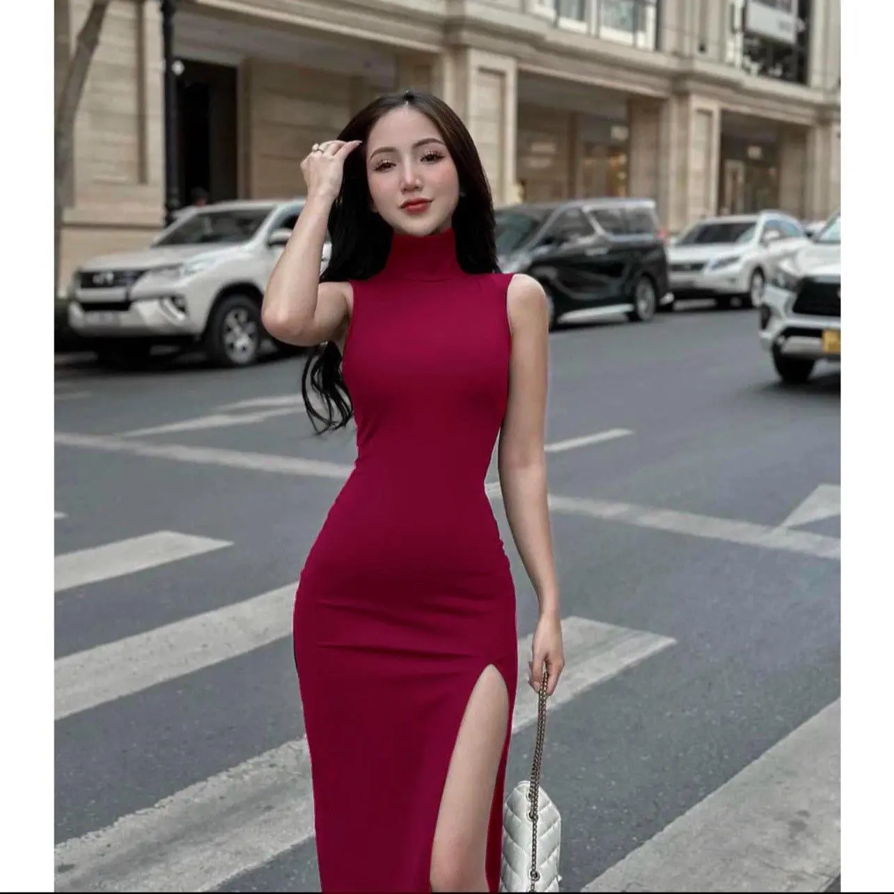 [ ĐẦM CỔ LỌ MỚI]Đầm body cổ lọ sát nách xẻ đùi phom dài freesize dưới 53kg va17