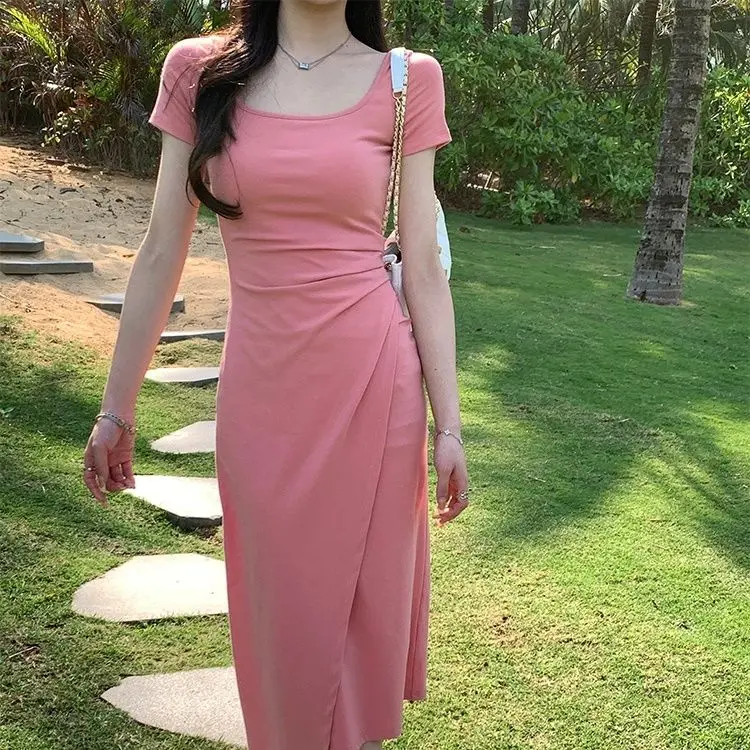Váy ngắn Tay Màu Xám, Cổ Vuông, Thiết Kế Đẹp, Dành Cho Nữ, Váy Bodycon Xích Thắt Eo Xiacnee, Váy Dài Xẻ Tà, Thanh Lịch, Thời Trang, Năm 2025 8