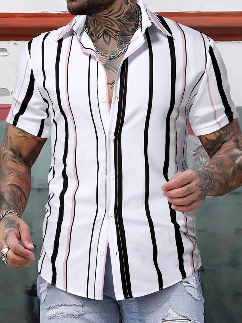 Product Introduction of Men's  Striped Print Short Sleeve Shirt, Regular Fit Casual Button Up Top for Summer, Fashion Men's Top for Daily Wear 3