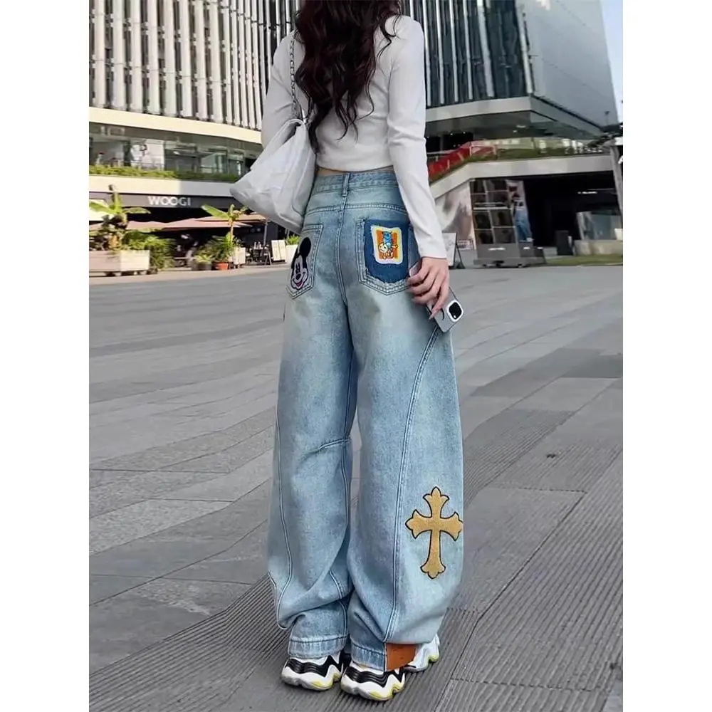 Quần Jean Thêu Vá Mickey Hoạt Hình, Phong Cách Âu Mỹ Dành Cho Nữ, Xu Hướng Thời Trang Mới, Quần Dao Ống Đứng Rộng Chuối, [500 + Người Đặt Hàng Trong Một Tuần]