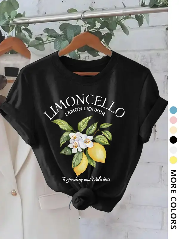 Women's Lemon & Letter Print Round Neck Tee, Vintage Trendy Casual Crewneck Short Sleeve T-shirt for Daily Wear, Ladies Summer Top, Fitted Womenswear 2