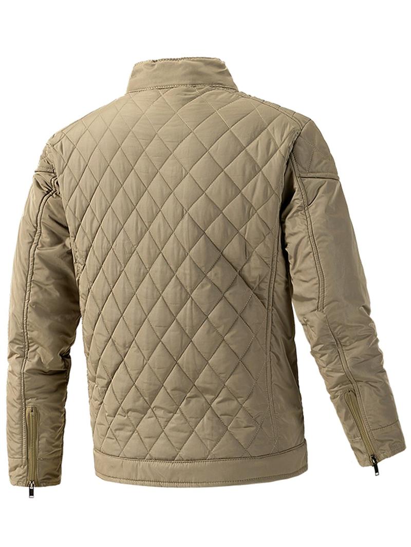 Product Introduction of Men's Solid Pocket Zipper Button Quilted Jacket, Regular Fit Casual Long Sleeve Stand Collar Outerwear for Fall & Winter, Men's Clothes for Daily Wear 6