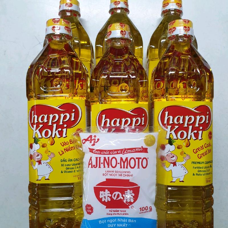 COMBO 6 CHAI Dầu Ăn HAPPI KOKI 1 LÍT và 1 BỊCH BỘT NGỌT 100G  đóng chai không sử dụng chất bảo quản