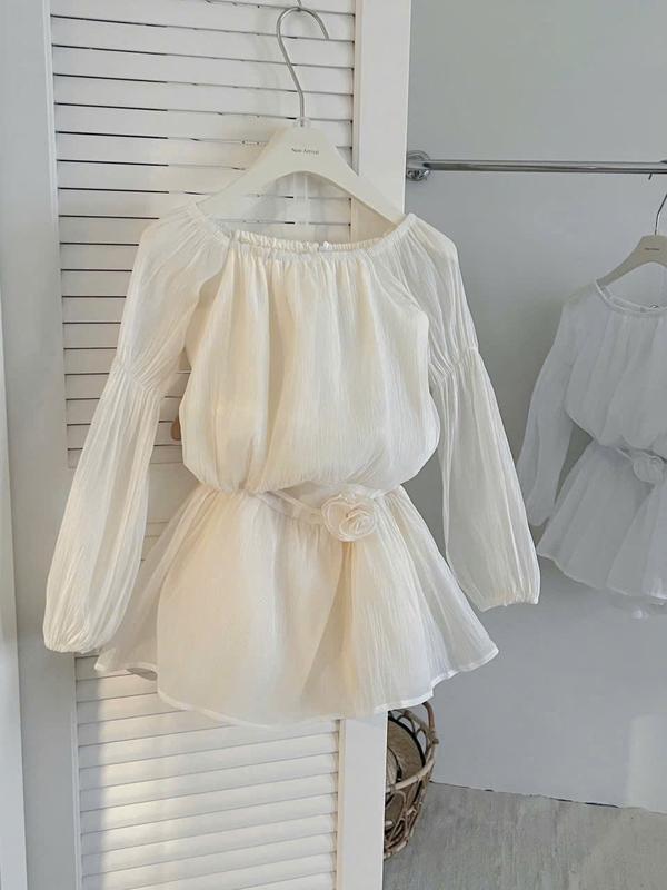 Váy nữ trễ vai tiểu thư quần bồng voan tơ hàng 2 lớp kèm hoa cài rời (ẢNH THẬT)