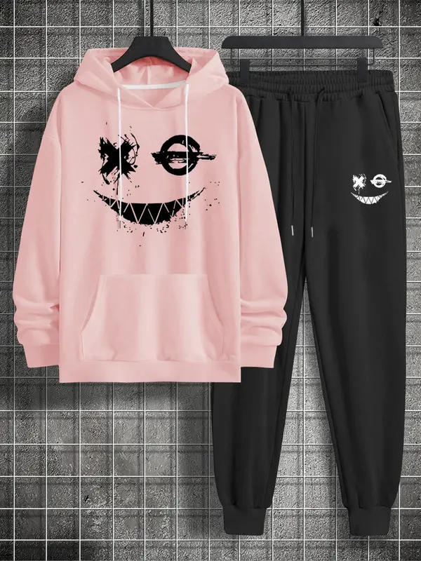 Men's Graphic Hoodie & Drawstring Sweatpants Matching Sweatsuit Set, Regular Fit Stylish Longsleeves Hooded Sweatshirt & Jogger Pants, Holiday Outfits 2024, Men's Streetwear Outfits Mens Paris Tracksuit Valentine's Day, gift 7