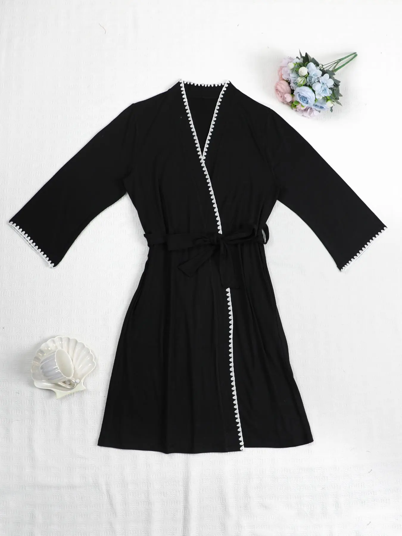 Women's Contrast Binding Belted Robe, Casual Soft Comfortable Bathrobe, Lightweight Home Wear for Spa Center