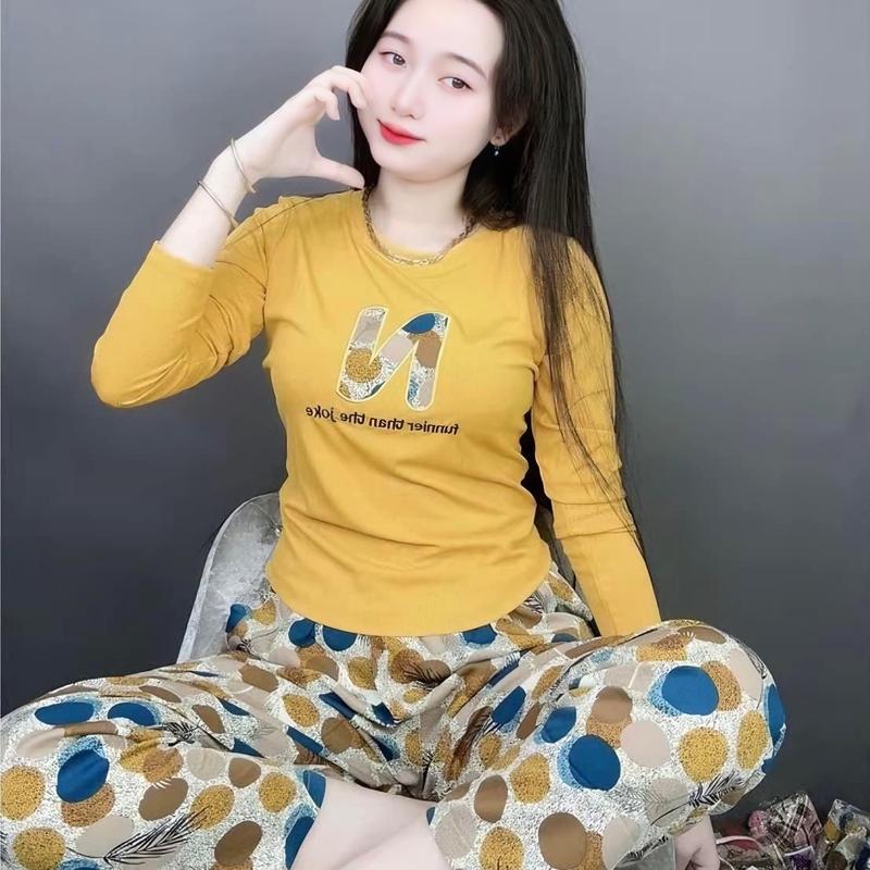 Đồ Bộ Tay Dài Quần Baggy Đồ bộ nữ Thêu. Áo tăm lạnh quần mango mặc nhà mềm mát size từ 45-75kg - Top set  đồ nữ Women Thun