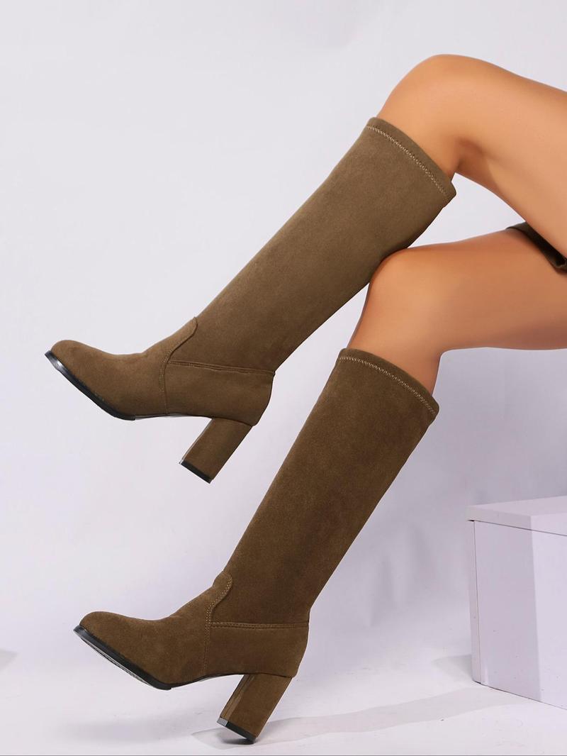 Product Introduction of Women's Solid Color Chunky Heel Boots, Fashionable Pointed Toe Knee Boots for Daily Wear, Comfortable and Durable Boots for Women & Girls 5