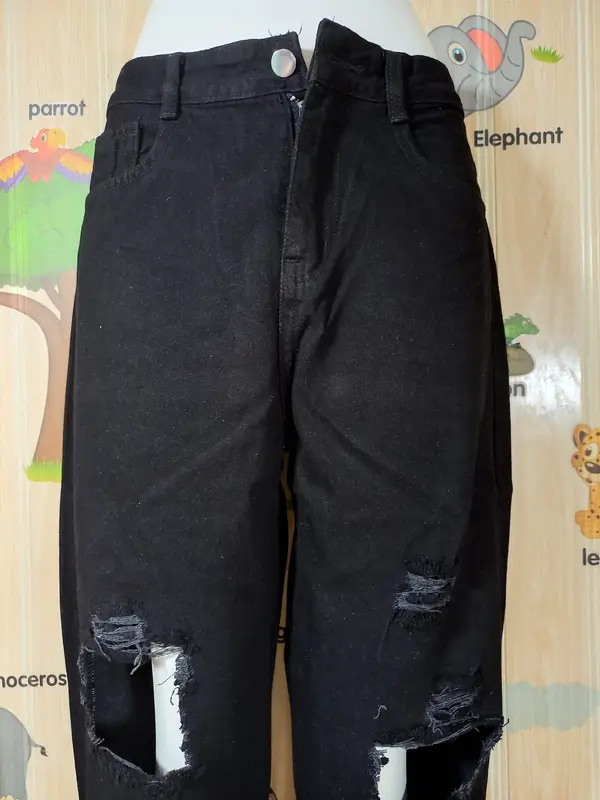 Quần jean baggy nữ màu đen rách gối, cạp cao cá tính kiểu dáng hàn quốc Pants Women mã 522 6