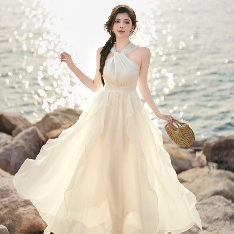 Đầm maxi voan cổ yếm có mút ngực ,váy dài bèo dọc xoè rộng,kiểu dáng thướt tha xinh xắn cho nàng Dress Nữ