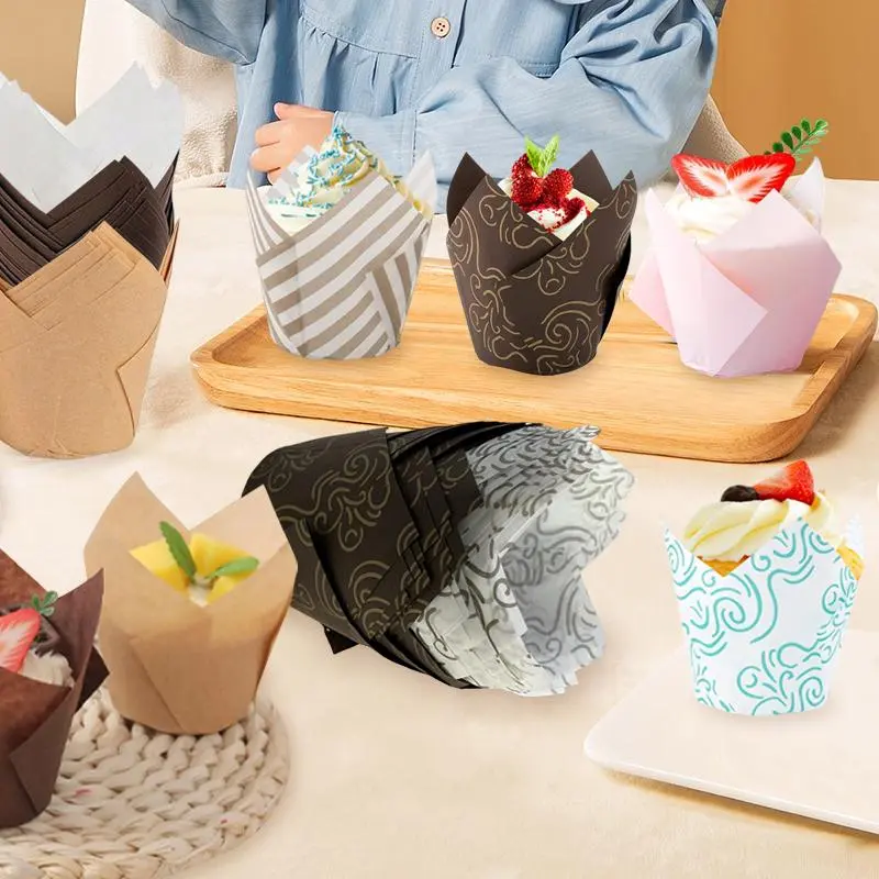 Tulip Shaped Cupcake Paper Cup, 100/200pcs Oil-proof Baking Mold, Baking Cup for Wedding & Party 0