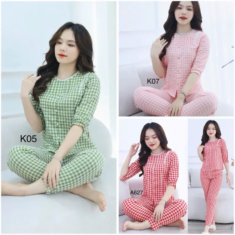 Bộ kẻ mặc nhà chất thô xốp mềm thấm hút mồ hôi, quần 9tất phom ôm size smlxlxxl Nữ - Evabeauty shop - Áo