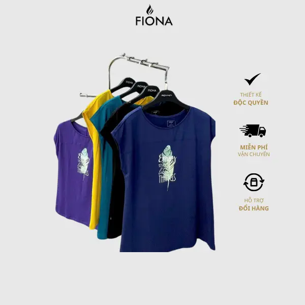 Fiona Áo cotton nữ dáng suông tay liền, in thân trước F522178 Top Cổ Tròn Women Tim
