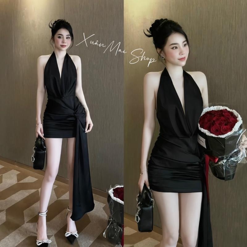 Đầm body YẾM CỔ ĐỔ DÂY RÚT HÔNG NGANG LƯNG nhúm ngắn đệm mút vải Ladong XuânMai Shop