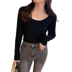 เสื้อสเวตเตอร์ด้านใน, เสื้อสเวตเตอร์ Bottoming, เสื้อยืดแขนยาวผู้หญิงฤดูใบไม้ร่วงและฤดูหนาว, คุณภาพสูง, คอกลมต่ำ, สไตล์ตะวันออกและสไตล์ชาแนล Women Lady Clothing ไหม  พรมกระดุมหน้า