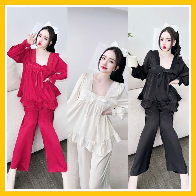 Đồ bộ ngủ pijama cổ vuông quần dài dành cho nữ họa tiết trơn chất liệu lụa latin mềm mịn Quần Ngủ