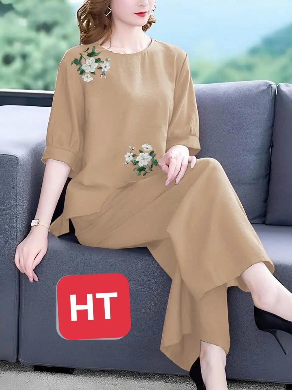Yoyoshop Đũi HT  Bộ Trung Niên Chất Đũi Tay Lỡ thêu hoa, Đồ Bộ Cho Mẹ quần dài, Mặc đi chơi, đi lễ có cân nặng từ 42-76kg Thời trang