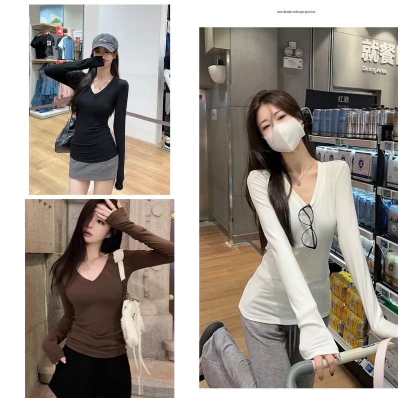 Áo Cổ Tim Nữ Tay Dài Vải Thun Gân Tăm Lạnh Mềm Mịn Mát Ôm Body Basic Women 0