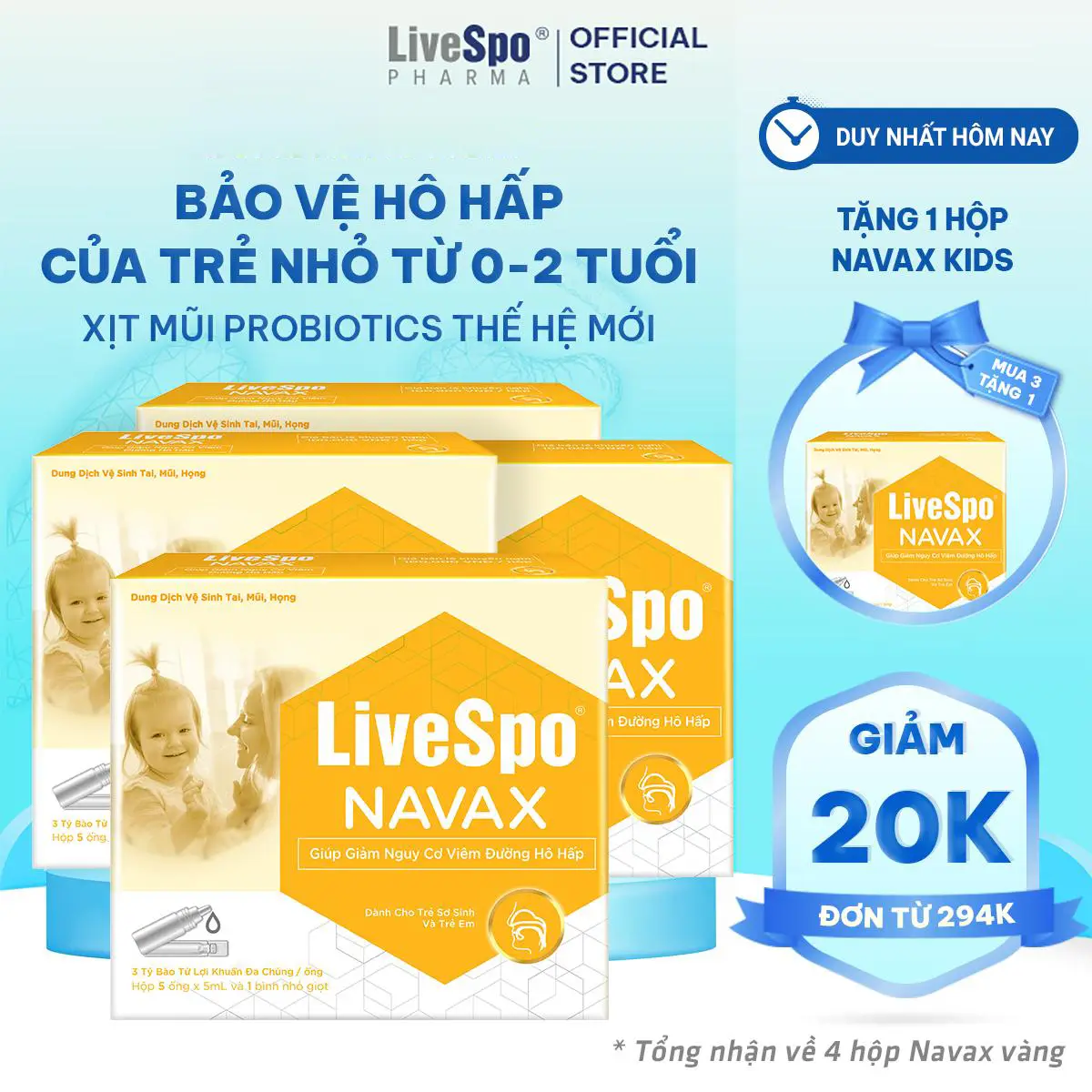 [Mua 3 tặng 1 ] LiveSpo Navax Kids - Nhỏ nước muối sinh lý  vàng cho bé sơ sinh chứa bào tử lợi khuẩn - Dành cho trẻ sơ sinh và trẻ em 5 ống x 5ml