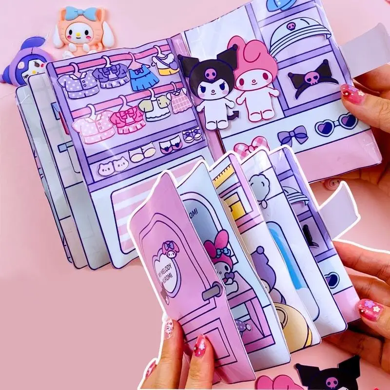 Sanrio Melody Kuromi DIY Dress Up Quiet Book Cinnamoroll Doll Paper Girl Cute Educational Handmade Toy