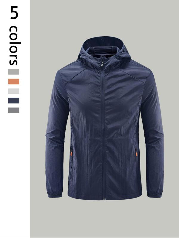 Men's Solid Color Pocket Zip Up Jacket, Regular Fit Breathable Sun Protection Outerwear for Outdoor Activities, Casual Comfy Men's Sportswear for All Seasons 3