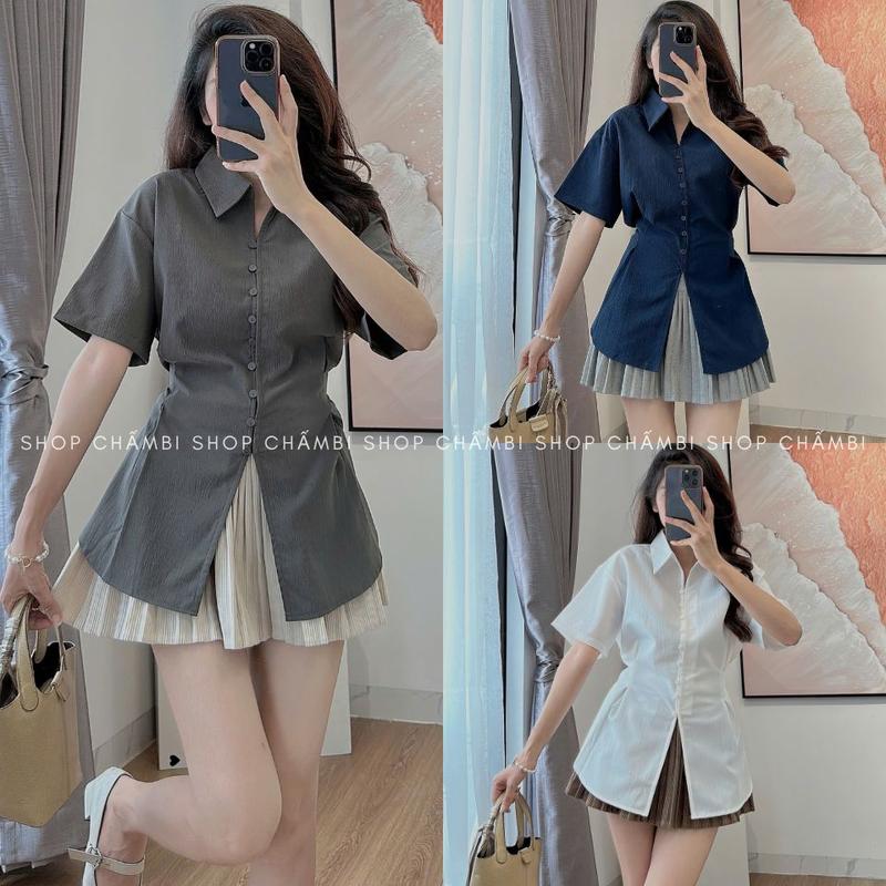 [KO KÈM QUẦN] Áo sơ mi nữ A.645, Áo sơ mi cổ đức tay ngắn xếp ly eo xòe nhẹ kèm dây buộc sau lưng - Shop Chấm BI Women Kem