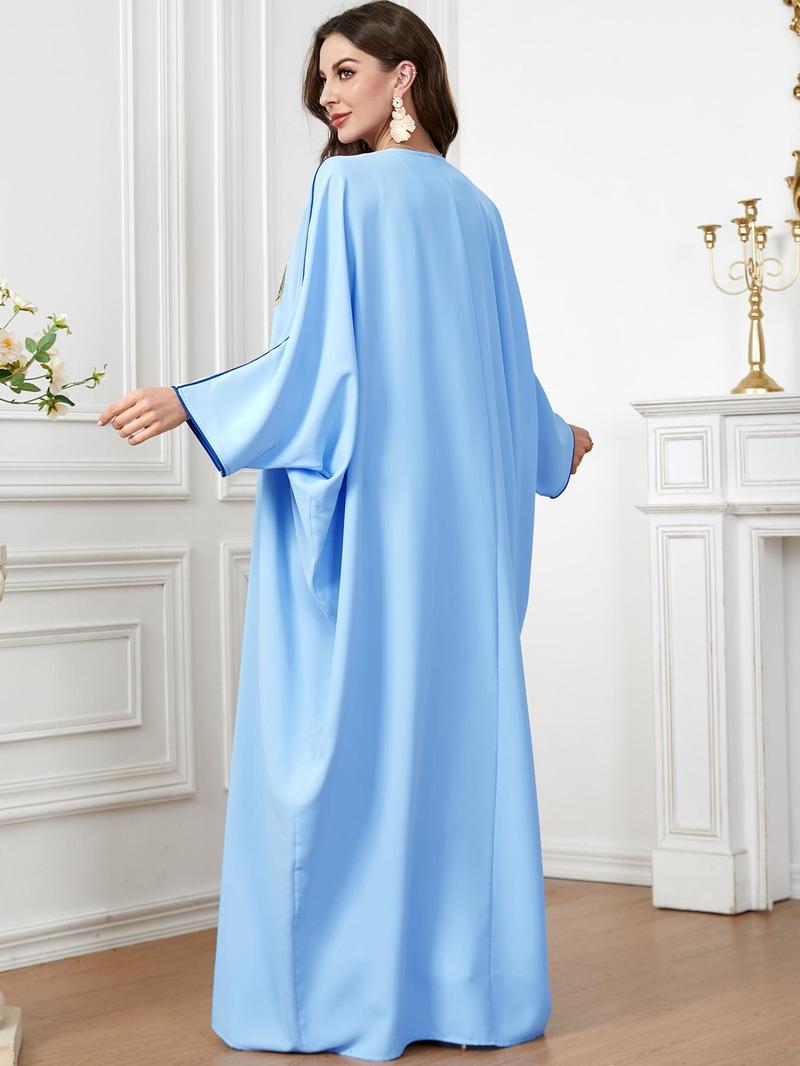 Product Introduction of Arabic Clothing- Women's Ethnic Pattern Embroidery Tassel Batwing Sleeve Kaftan, Elegant Long Sleeve V Neck Loose Dress for Spring & Fall, Ladies Islamic Clothing for Daily Wear 7