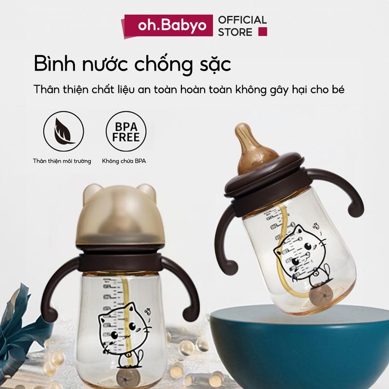 Bình Sữa Chống Sặc OhBabyo Nhựa PPSU 300ml Có Tay Cầm An Toàn Cho Bé Mèo Nâu - Silicone - Tập Uống Voi
