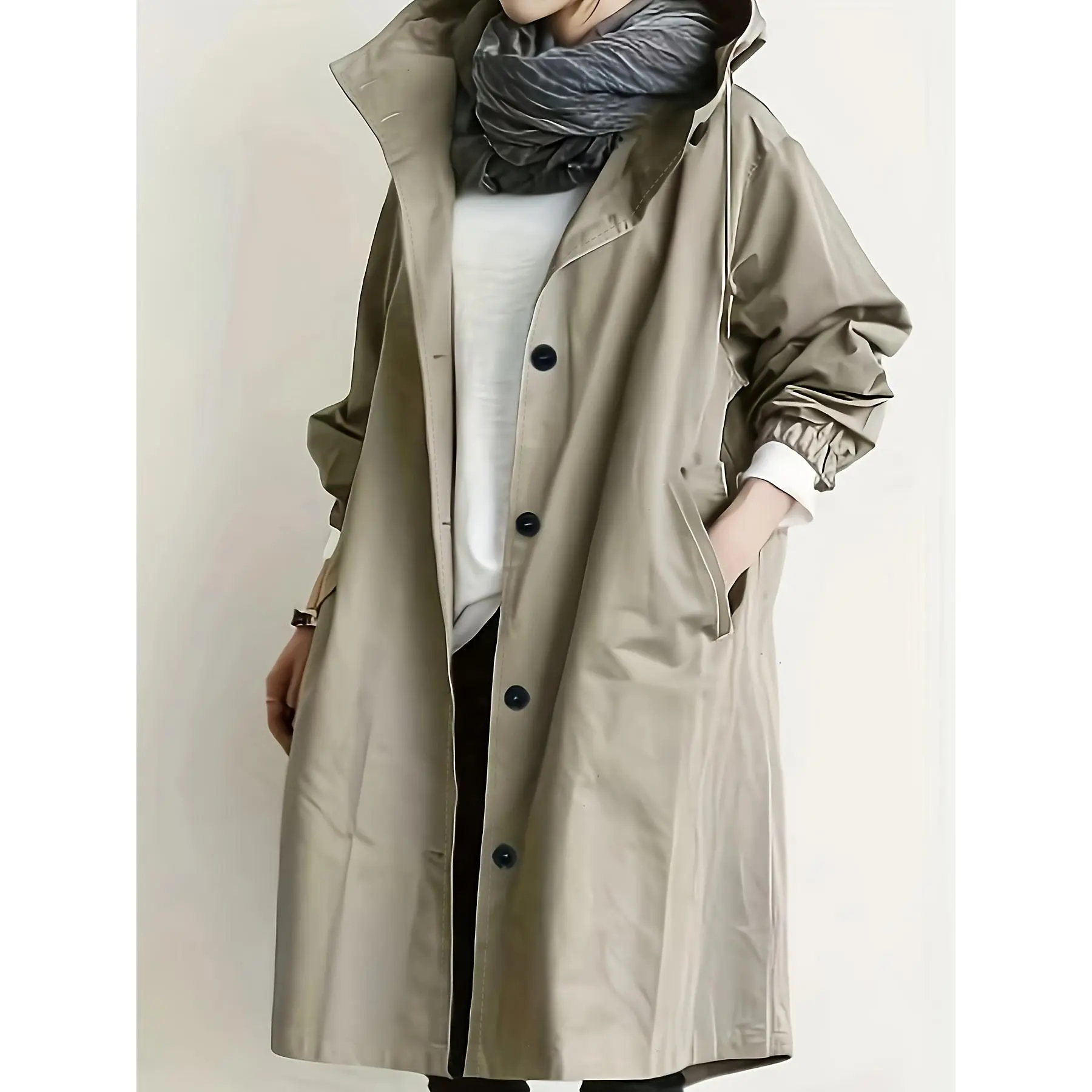 Elegant 1pc Solid Color Polyester Trench Coat for Women, Classic Durable Woven Long Overcoat with Belt, Fashionable Outerwear