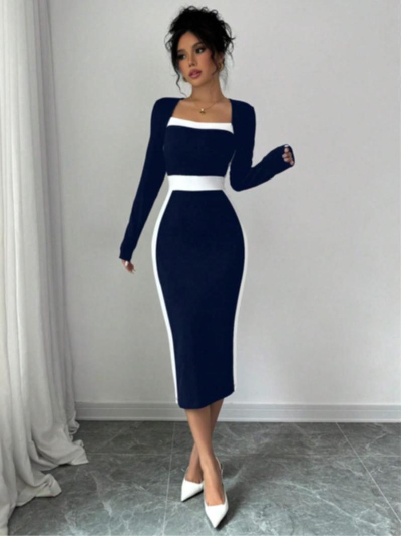 Product Introduction of Women's Colorblock Print Bodycon Dress, Elegant Long Sleeve Midi Dress for Party Holiday Wedding Guest, Ladies All Seasons Clothes 8