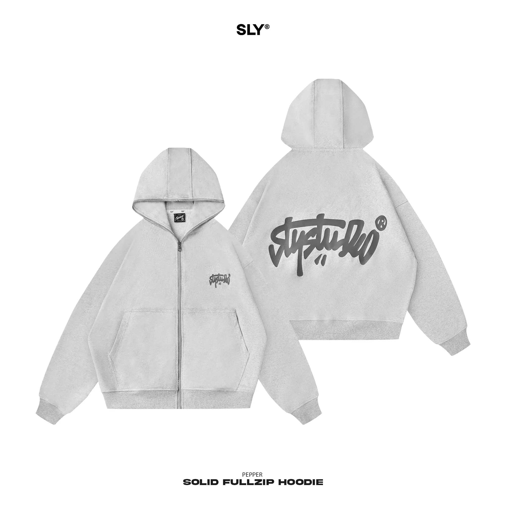 Áo Hoodie nỉ chân cua SLY Fullzip Solid oversized màu xám tiêu Dài Tay Có Túi bên trong