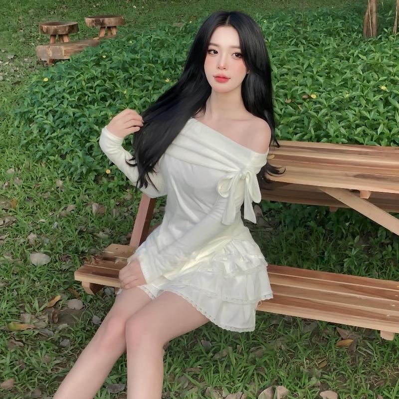Sét Váy Nữ Gồm Áo Trễ Vai Bo Tăm Bẻ Vai Nơ Vai Tay Dài Màu Trắng + Chân Váy Đũi Gân Phối Ren 6