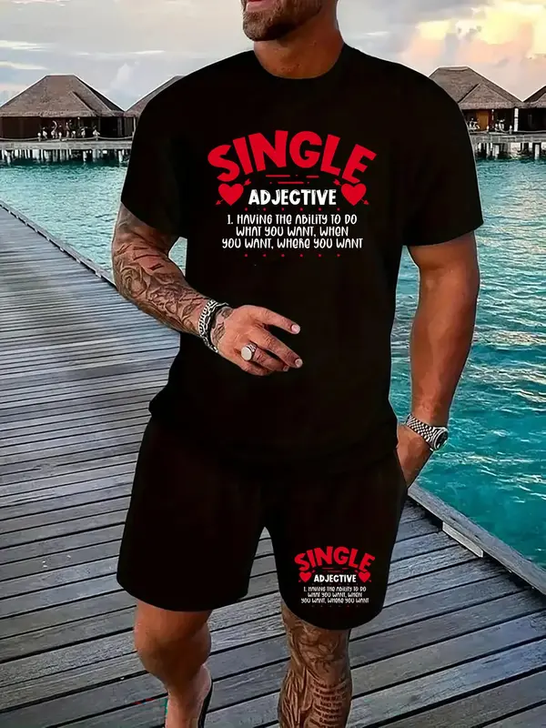 Men's Letter Print Short Sleeve Tee & Shorts Set, Regular Fit Round Neck T-shirt & Shorts, Casual Top & Bottoms for Summer Outdoor 6