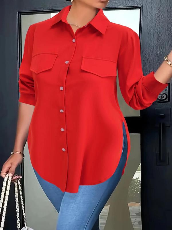 Plus Size Plain Button Front Split Hem Blouse, Casual Long Sleeve Fake Pocket Collared Top for Daily Wear, Women's Plus Clothing for All Seasons, Elegant Plus Size, Shirtswomen 1