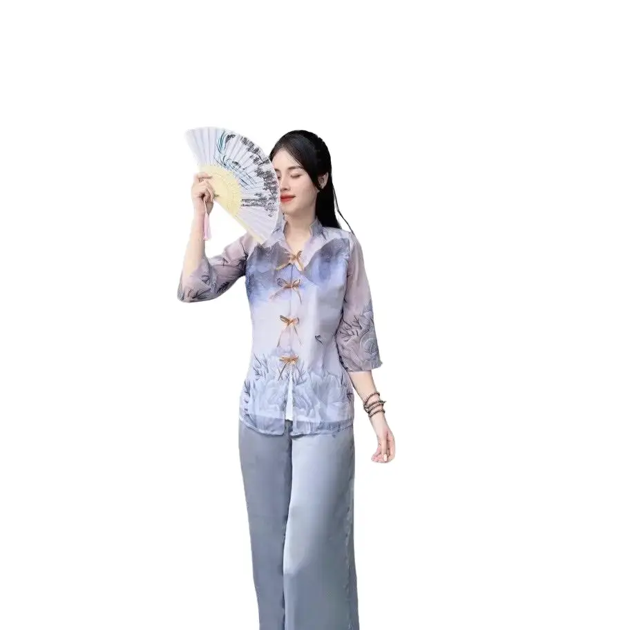 Đồ Bộ Lam Big Size 55-75 Kí Dành Cho Nữ Vải Voan Tơ In Họa Tiết Áo Tay Lỡ Quần Ống rộng