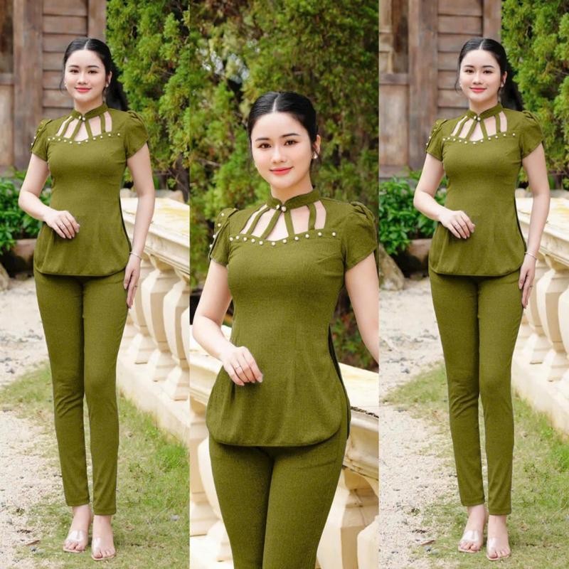 TH39- SÉT ĐỒ BỘ THUN XỐP, ÁO CỔ TÀU , QUẦN DÀI ỐNG ÔM Nữ Women Nhung Top