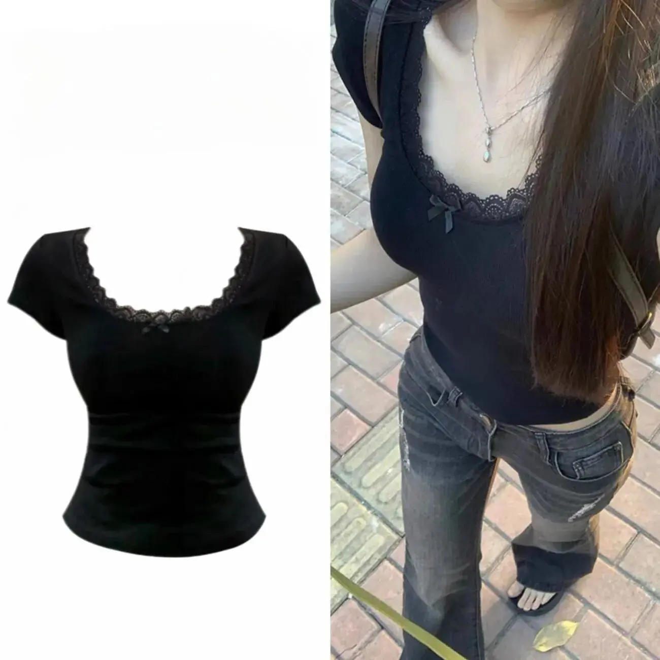 Black Lace Bow Short-Sleeved T-shirt Summer Pure Sweet Hot Girl Slim Short Niche Tight Top