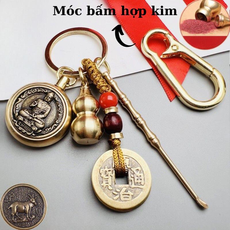 Móc khóa đồng thau bát xoay 12 con giáp và phật bản mệnh kèm hồ lô, dây vàng và cây ráy tai (E-27) Móc Khoá Móc Chìa Khoá