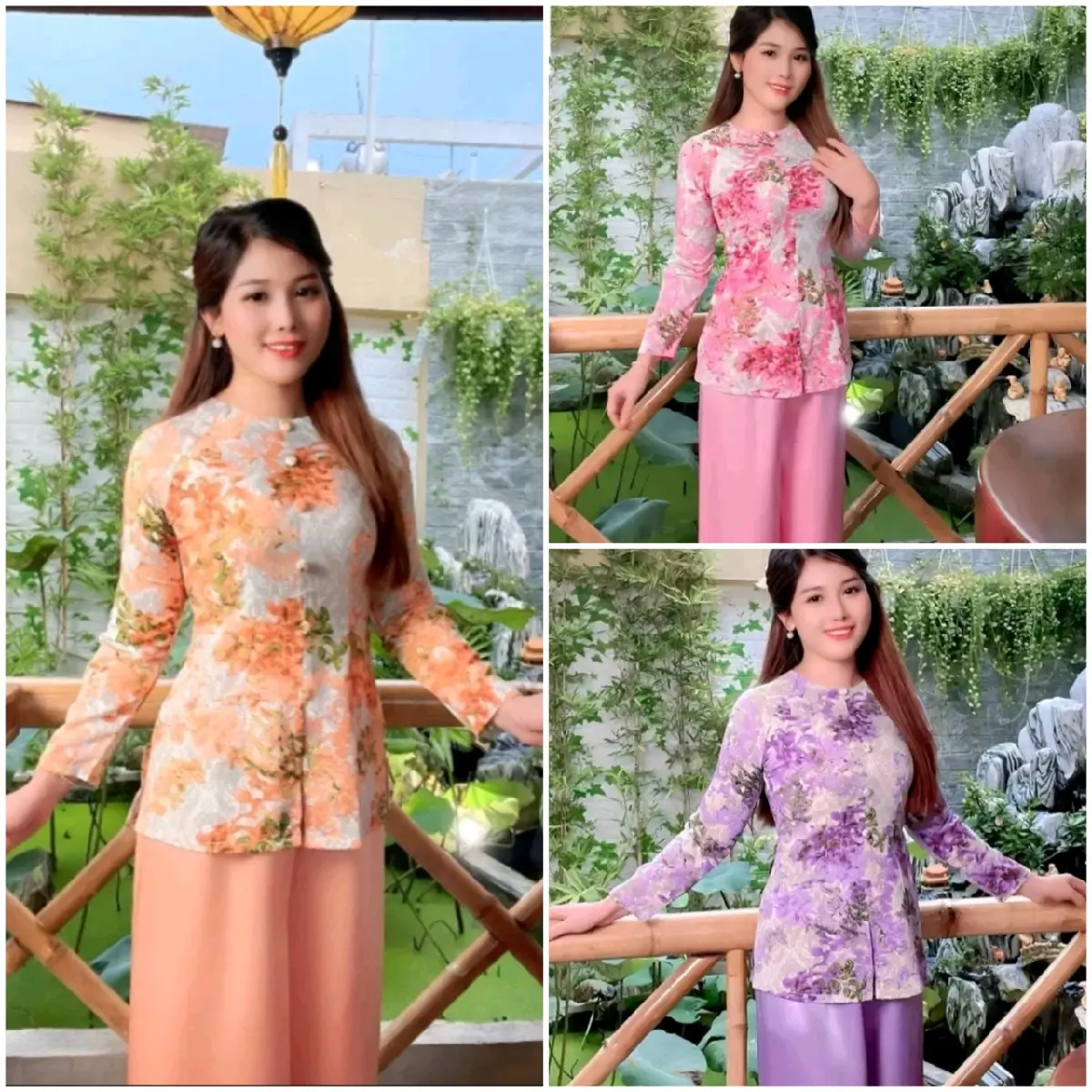 1 SÉT áo BÀ BA cổ tròn đính ngọc  tay dài  .quần ống suông (SANG SANG SOP) Top Nữ Women áo vàng đính nút ngọc lụa mango 【 một mảnh 】 áo xanh lá nền tảng set botieuthu chỉ giặt tay đen sọc trắng - quây ngẫu nhiên
