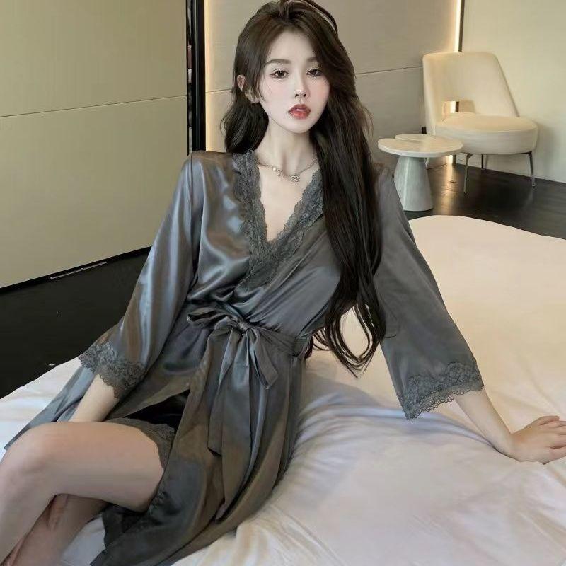 Váy Ngủ Mượt Mà Cảm Giác Băng Ren, Bộ Hai Mảnh, Phong Cách Mỏng Mùa Thu, Dây Đeo Mặt Dây Chéo Quyến Rũ, Váy Ngủ Mặc Nhà, Thích Hợp Cho Năm 2024 0